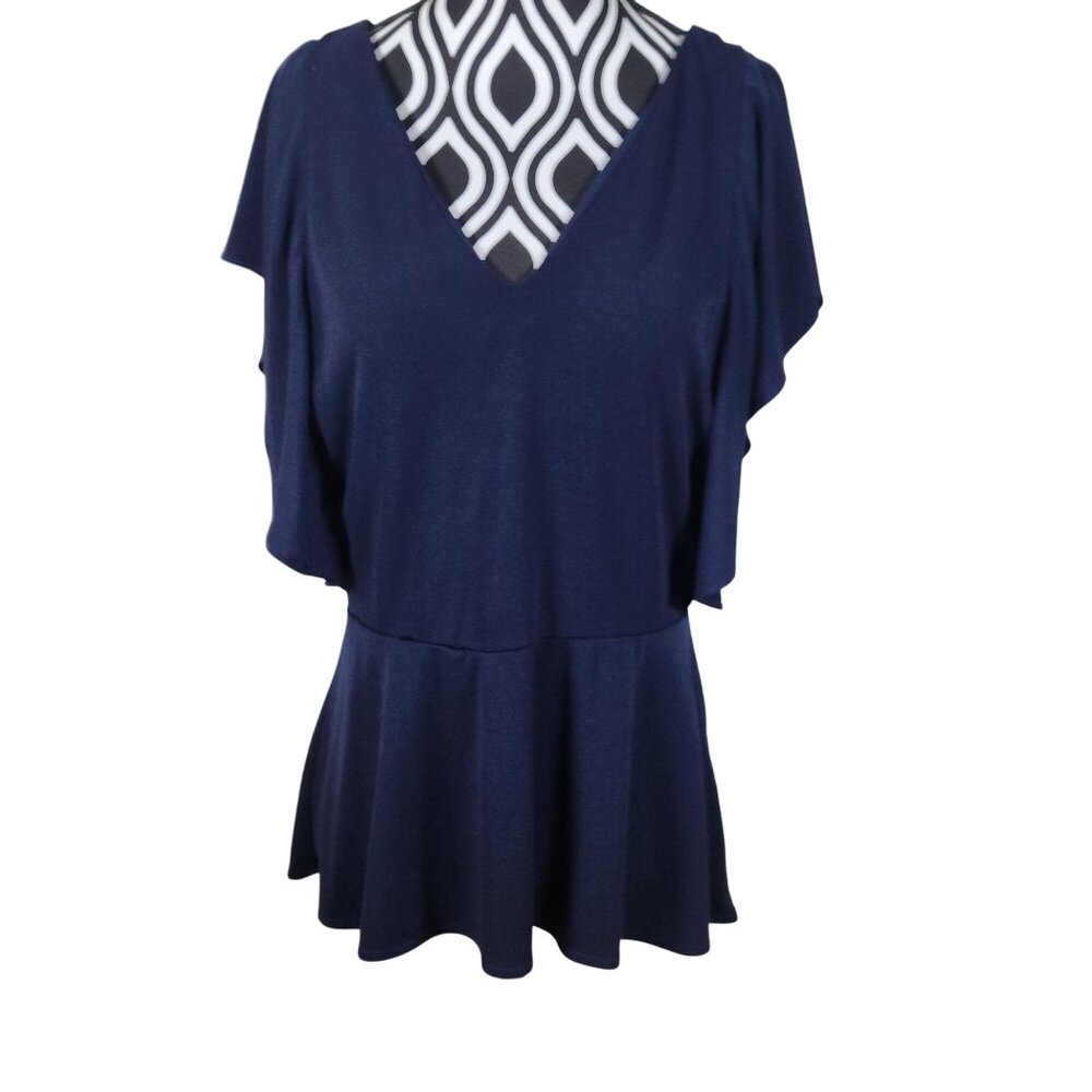 Navy Blue 7th Avenue New York & Company Womens Peplum Top Size S V-Neck Flutter